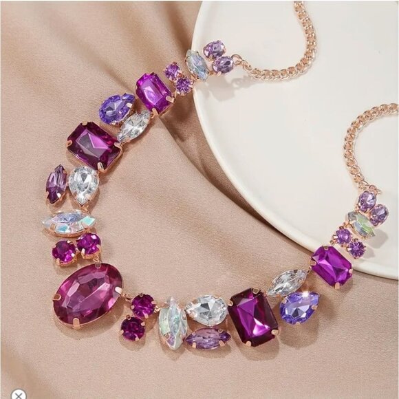 Crystal Statement Necklace With Adjustable Chain Green & Purple Gemstones - Picture 1 of 1